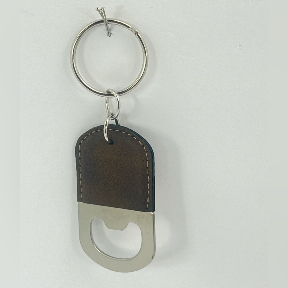 BOTTLE OPENER KEYCHAIN, FAUX LEATHER, BROWN COLOR, SILVER HARDWARE - Picture 4 of 8